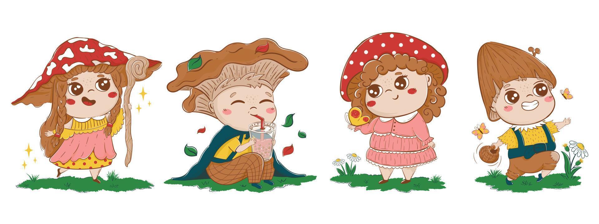 Collection of funny fairy tale characters of children with mushroom hats in cartoon doodle style. Clipart for decoration of children's goods, stationery, nursery vector