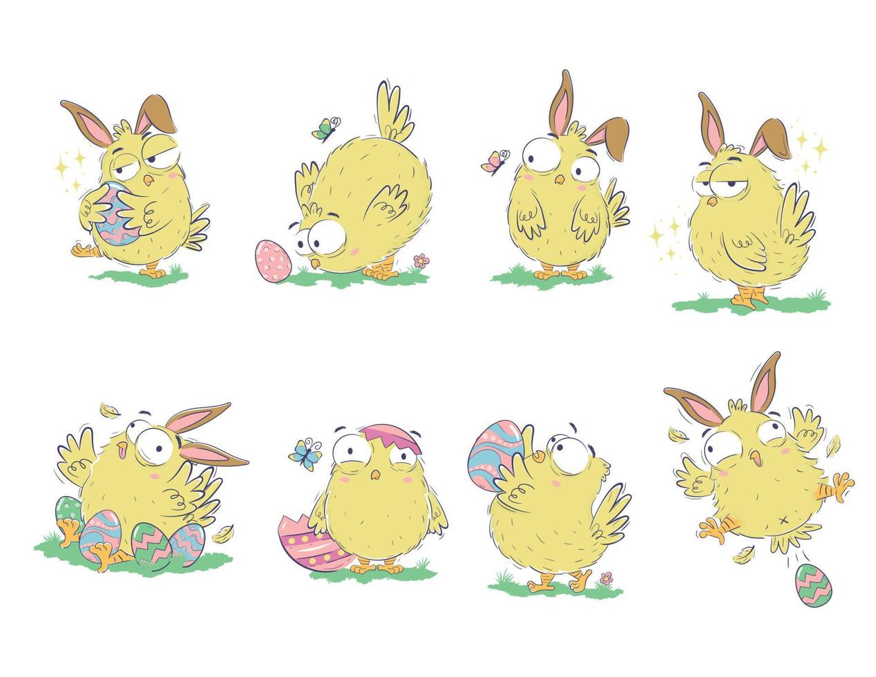 Clipart collection of funny chicks with easter eggs and bunny ears in doodle sketch style. Hand drawn cute chicken set. vector