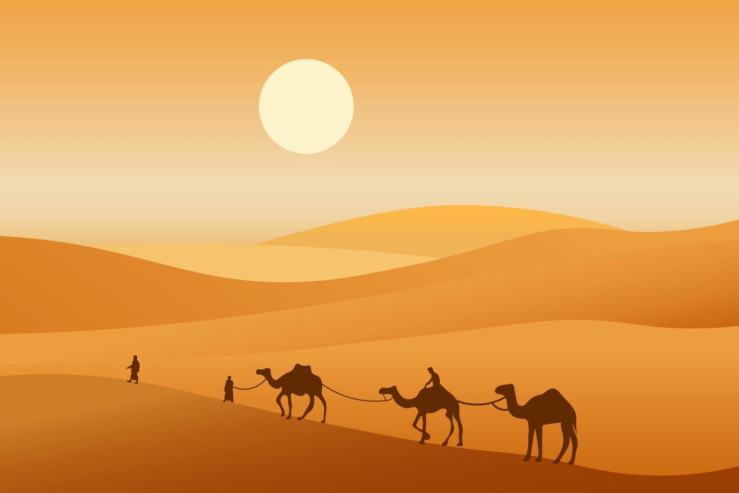 Camel caravan passing through the desert. African landscape. You can use for islamic background, banner, poster, website, social and print media. Vector illustration.