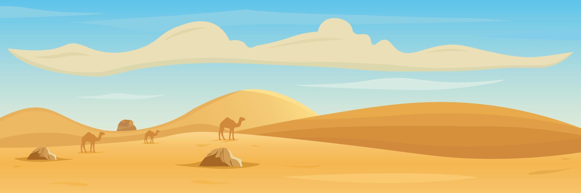 Hills, mountains and camels silhouettes against desert landscape background. In cartoon style. Vector illustration