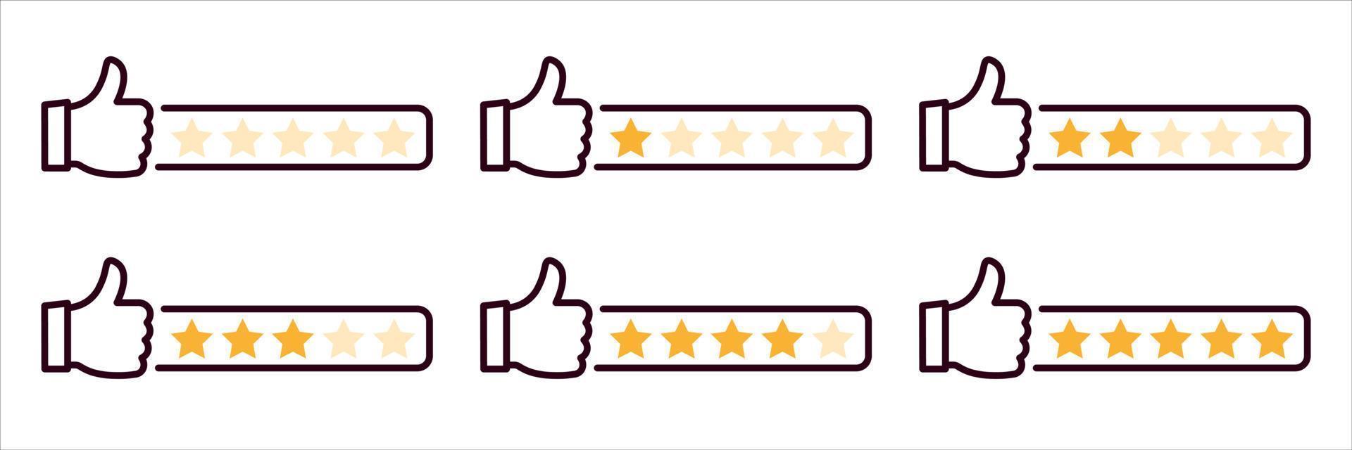 Level of satisfaction. Feedback evaluation with thumbs up. Customer review. User reviews with five stars ranking. Rating stars set. Isolated Vector illustration.