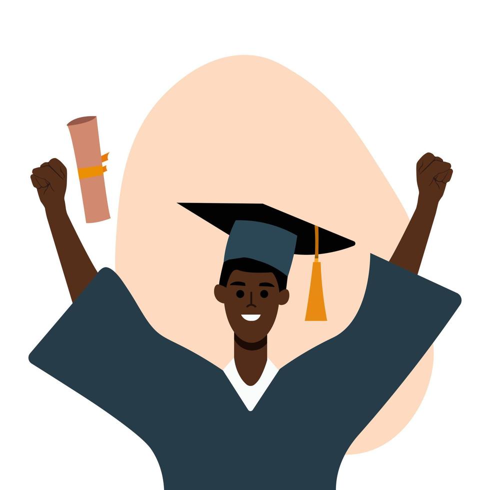A cheerful black male graduate celebrates his graduation with a diploma and a graduate cap on his head. Concept for happy graduation poster or card template design. Vector drawing