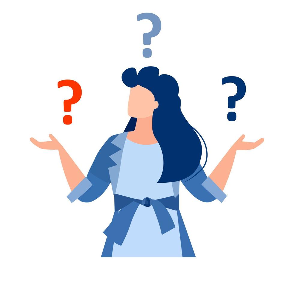 Confused woman makes a choice. Puzzled business woman deciding, doubting, setting priorities. Questioned employee thinking, analyzing two options. Isolated vector illustration.