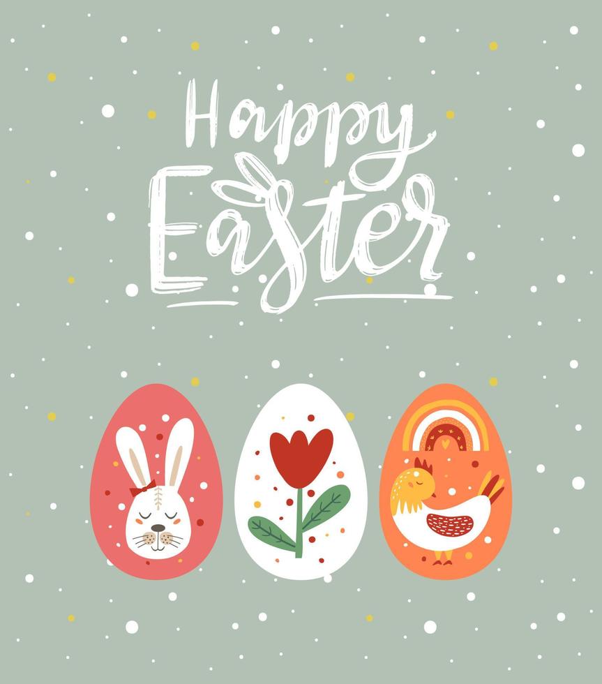 contento Pascua de Resurrección pancartas, saludo tarjetas, carteles, y fiesta cubre de moda diseño con tipografía, pintado a mano plantas, puntos, huevos, y conejitos, en pastel colores. moderno Arte minimalista estilo. vector