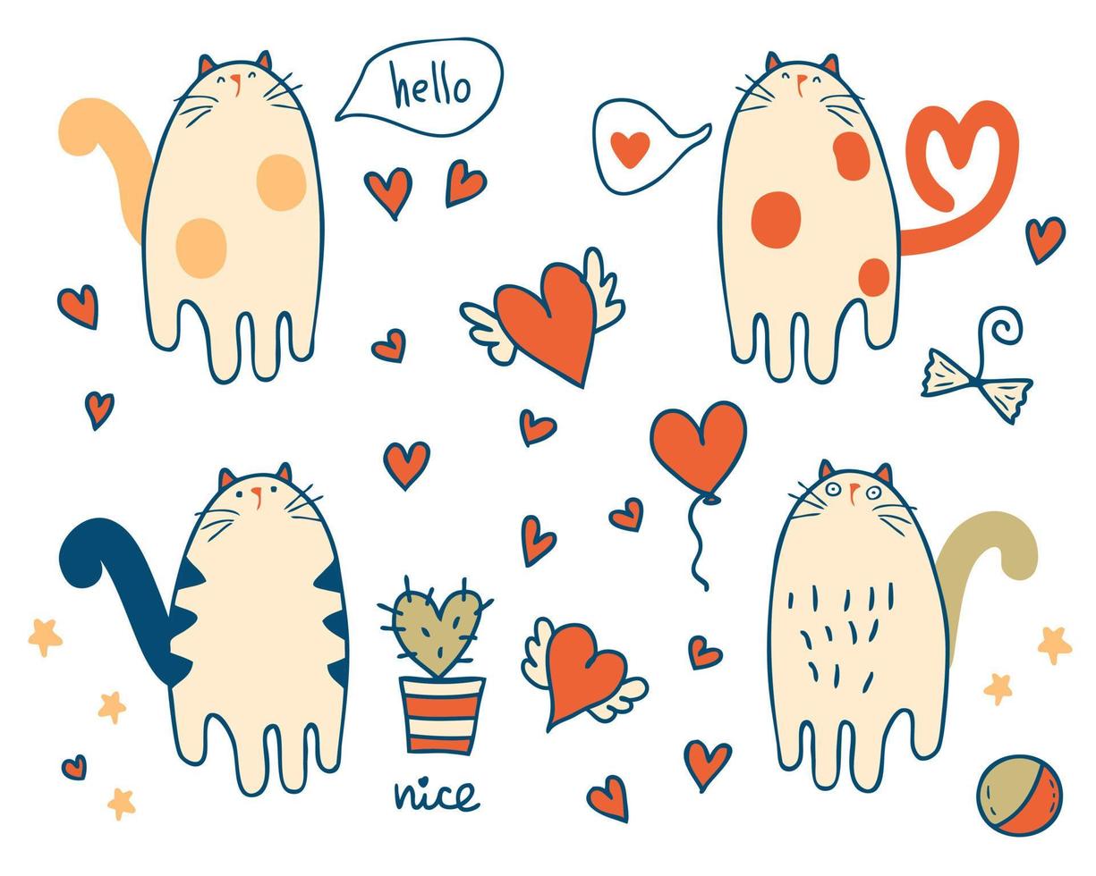 Hand drawn retro style Valentine's cat collection. Perfect for tee, stickers, poster. vector