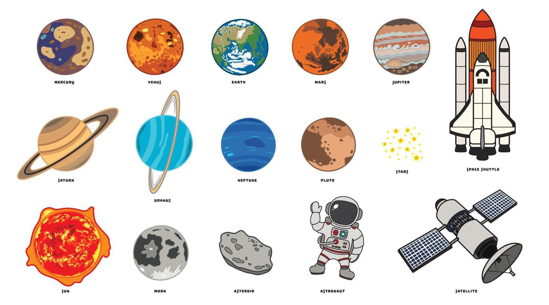 Vector illustration color children cartoon solar system planets, asteroid, stars, astronaut, satellite and space shuttle. Astronomy vector icons set clipart