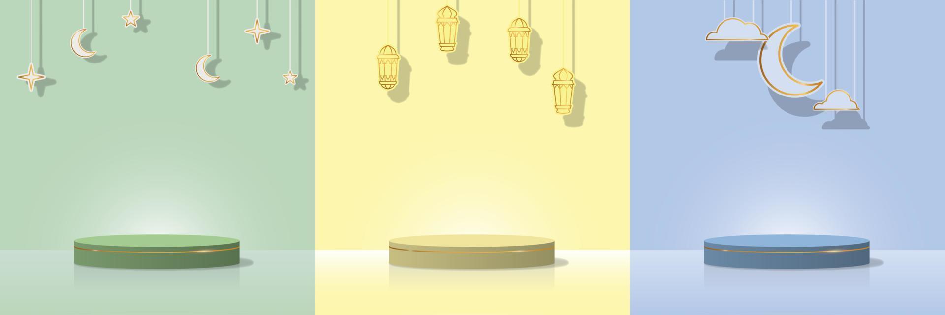 minimalista pedestal podio en suave color con nube, luna, estrella y linterna ornamento. producto monitor presentación. vector ilustraciones eps10