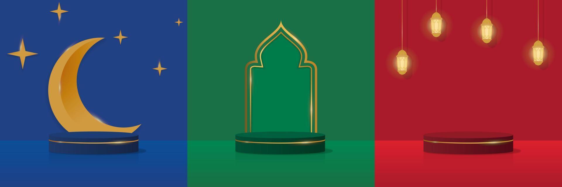 set luxury islamic pedestal podium in blue, green and red color. product display presentation. vector illustration EPS10