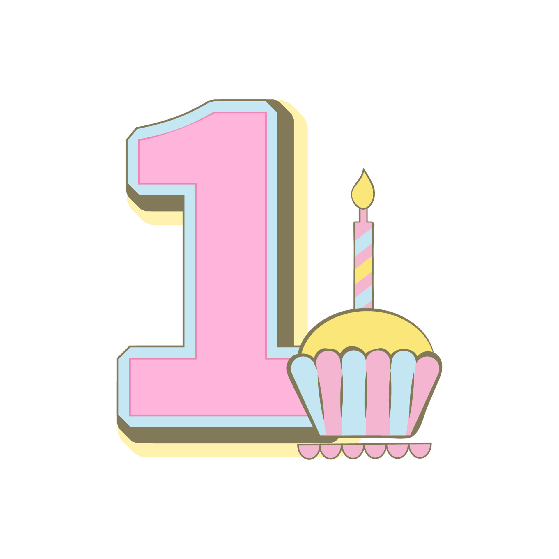 Number one with cake, baby month cards. Monthly milestone. Birthday