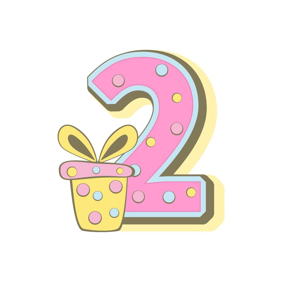 Number two with gift box, baby month cards. Monthly milestone. Birthday Party Invitation Card Template vector