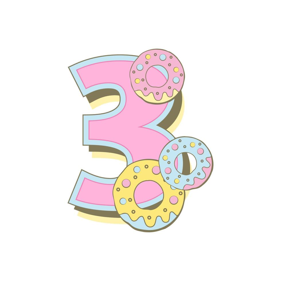 Number three with donuts, baby month cards. Monthly milestone. Birthday Party Invitation, card, badge. Vector