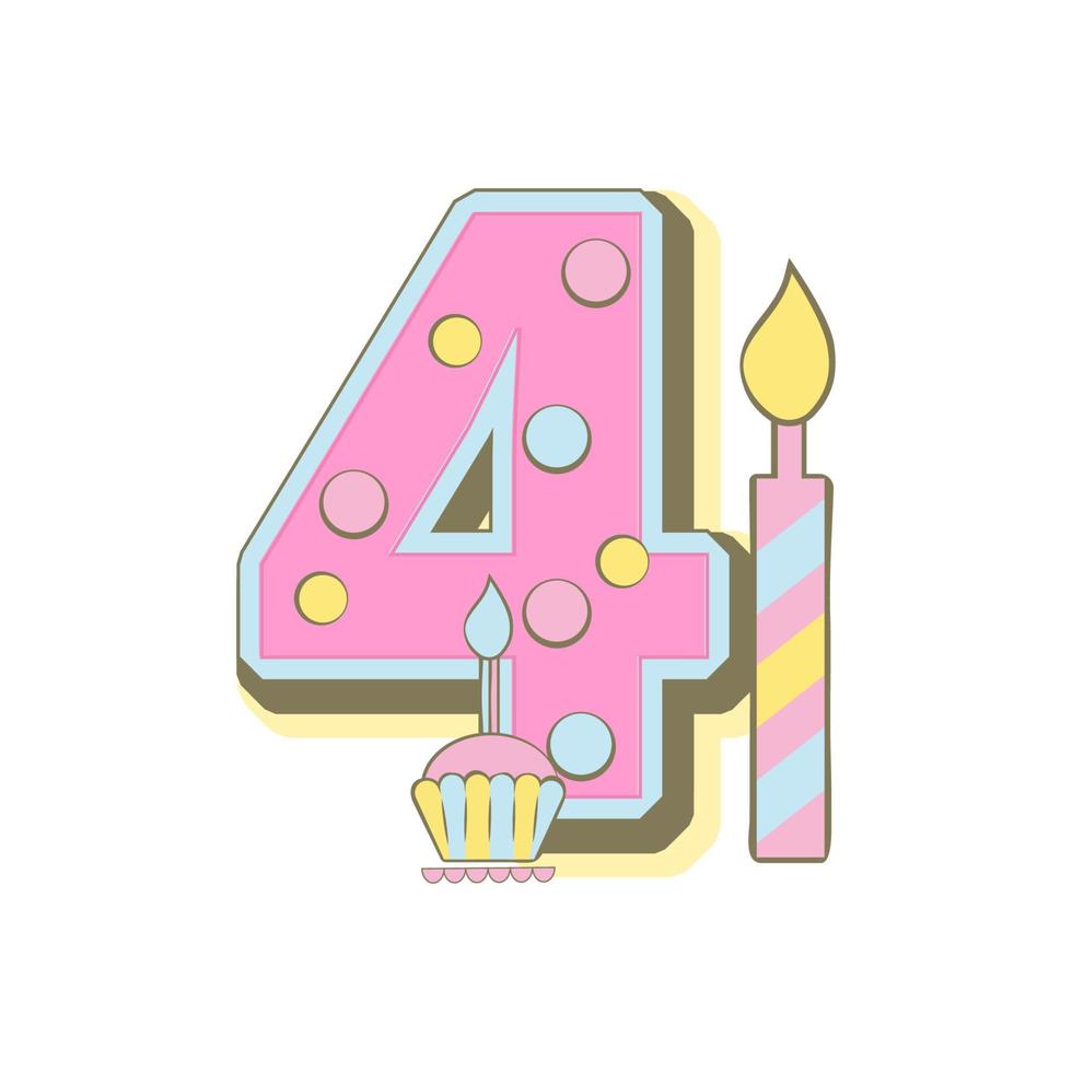 Number four with candle, cake, baby month cards. Monthly milestone