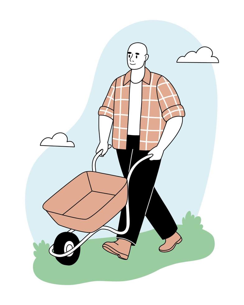 Gardening man with wheelbarrow. Spring gardening concept. Vector flat illustration.