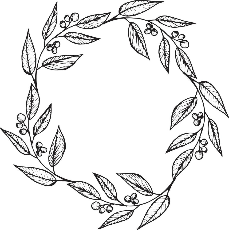 Wreath with graphic vector plant branches with line stylization. Vector elements for wedding design, logo design, packaging and other ideas