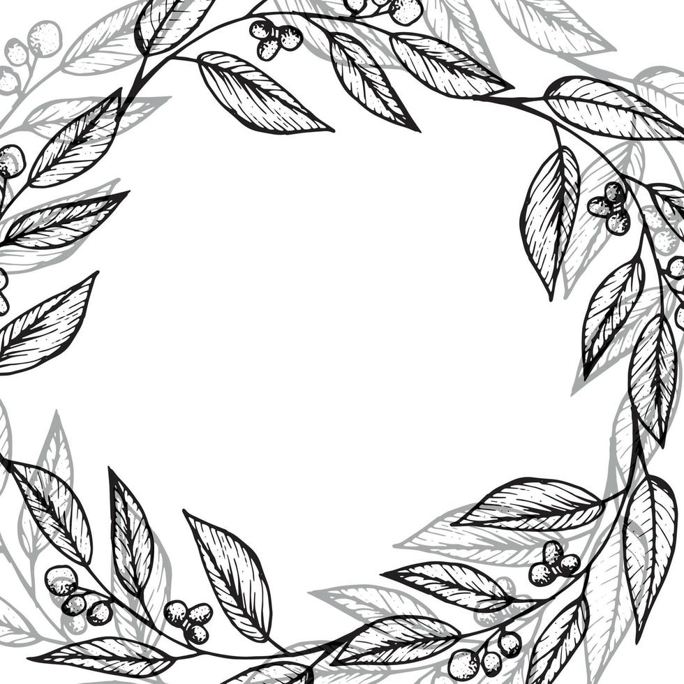 Wreath with graphic vector plant branches with line stylization. Vector elements for wedding design, logo design, packaging and other ideas