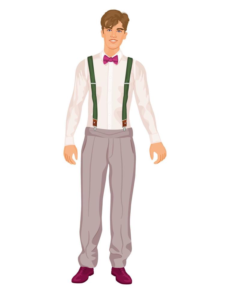 Male character standing full height in white shirt and grey trousers with suspenders. Handsome groom, posing and smiling, isolated on white background. vector