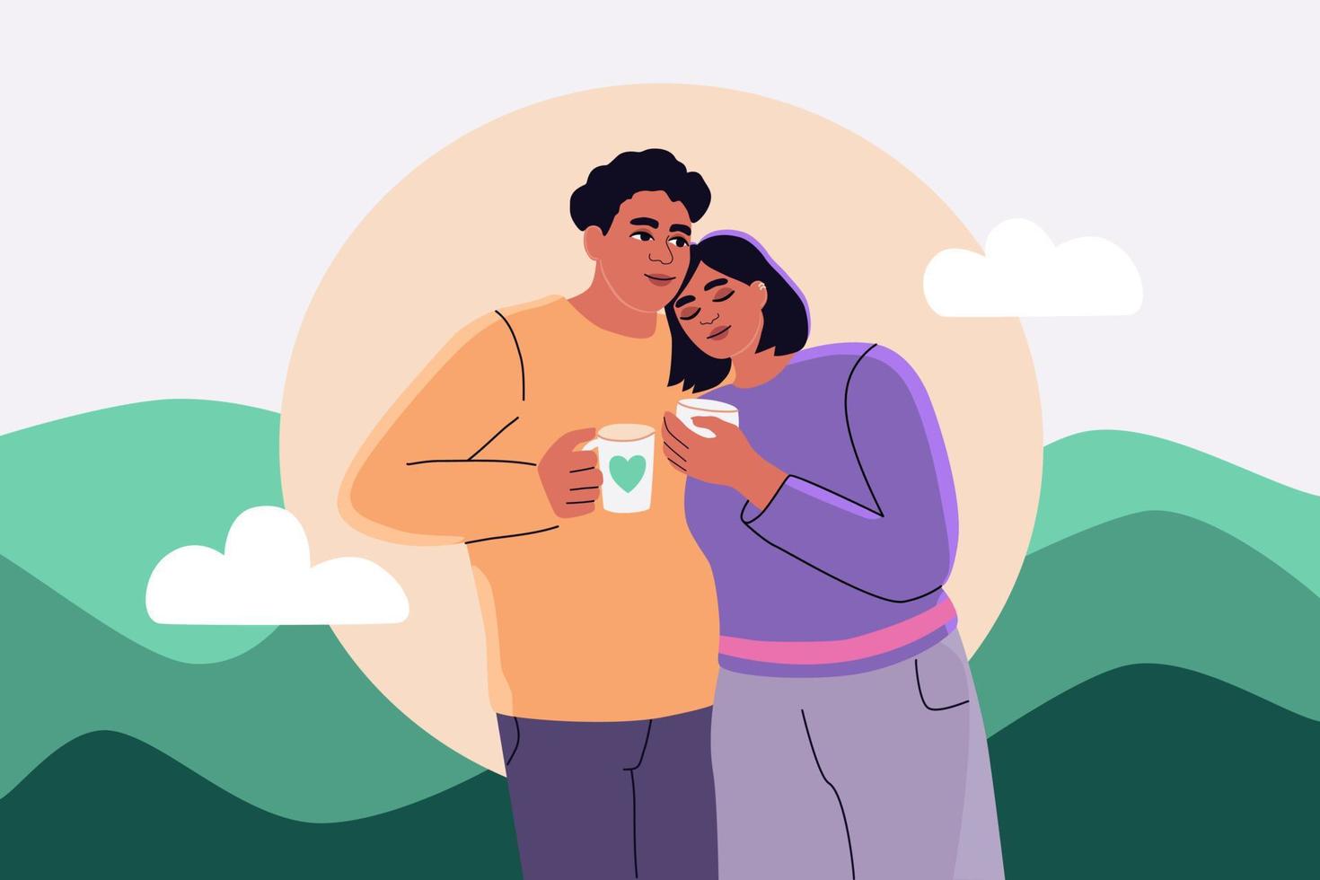 linda Pareja abrazando y Bebiendo caliente té, café. de moda ilustración de hombre y mujer en amor. concepto de romántico higge estilo de vida. vector