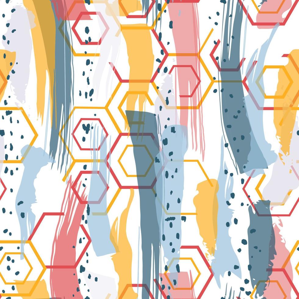 Seamless pattern with hand drawn textured brush strokes and hexagons. Colorful abstract geometric background vector