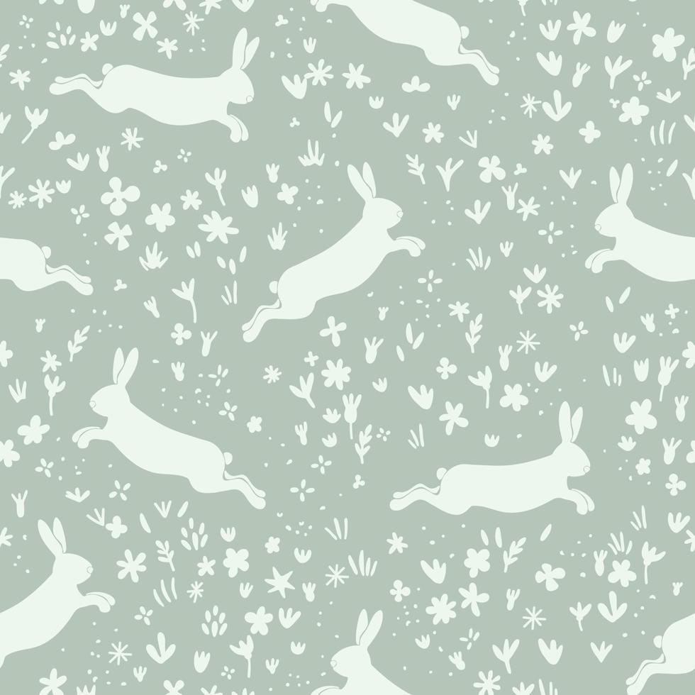Rabbit silhouette and little flowers in pastel colors seamless pattern vector