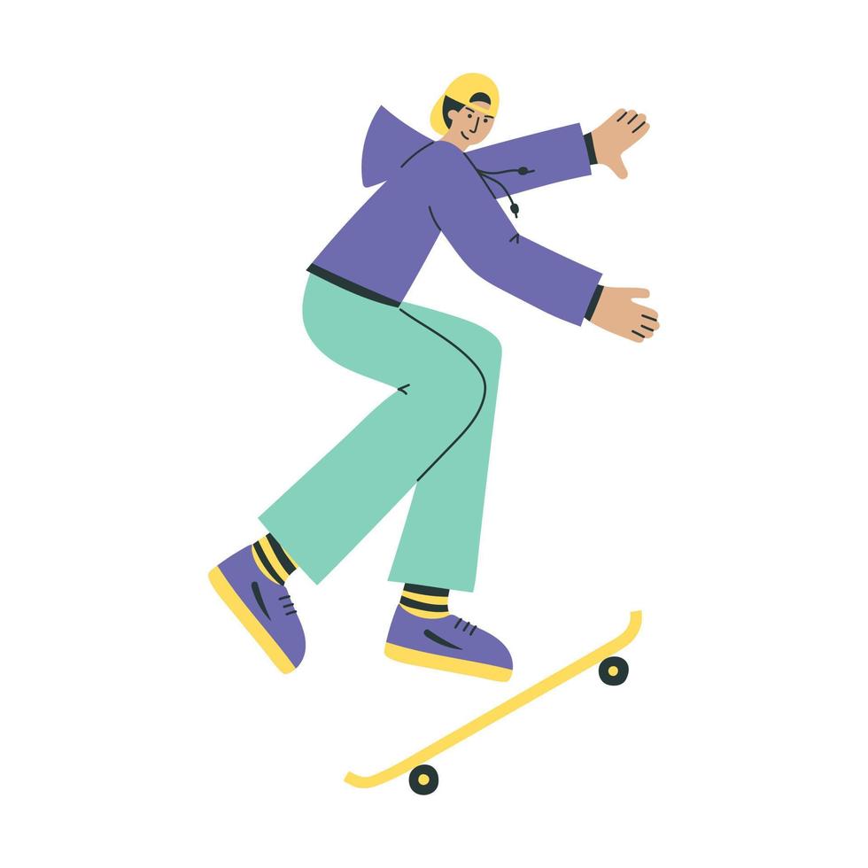Hand drawn man skateboarder in motion. Flat style character illustration vector