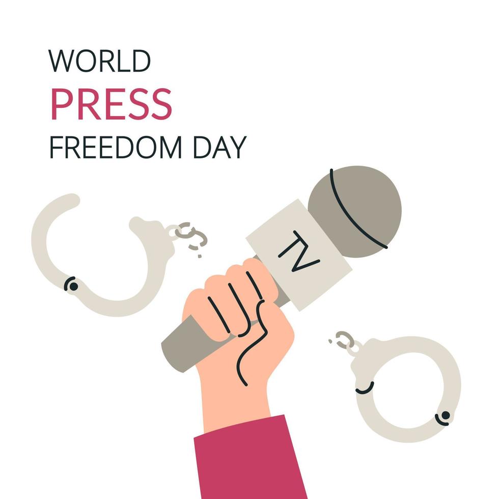 Hand drawn world press freedom day illustration. Hand with microphone and broken handcuffs vector