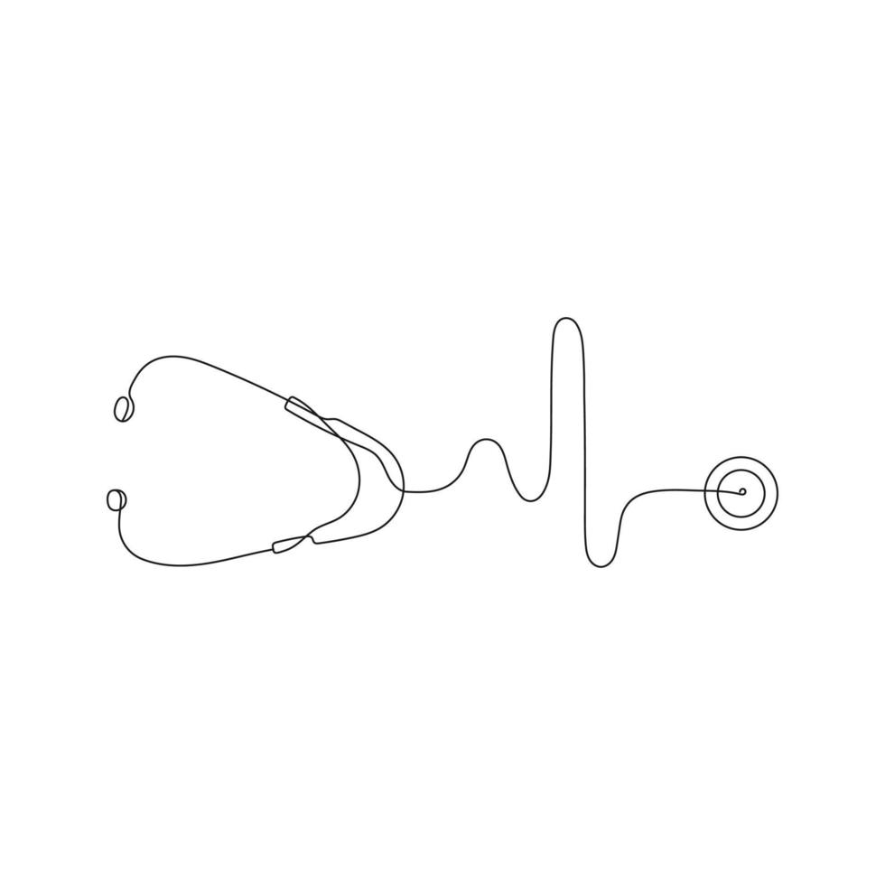 Medical stethoscope in the form of a heart beat. One line art. Equipment for examining patient heart beat condition. Health care, medical concept. Hand drawn vector illustration.