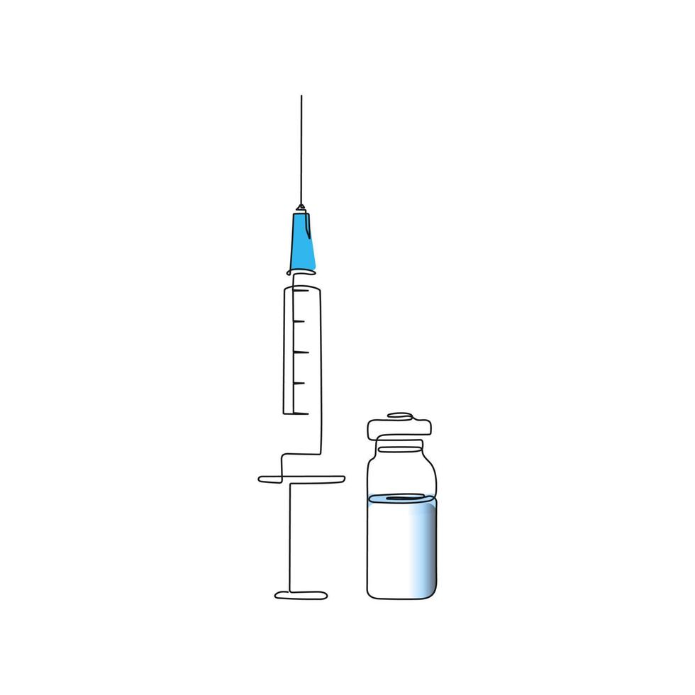 Syringe with needle and vaccine tube. One line art. Vaccination, health care injection. Medical concept. Hand drawn vector illustration.