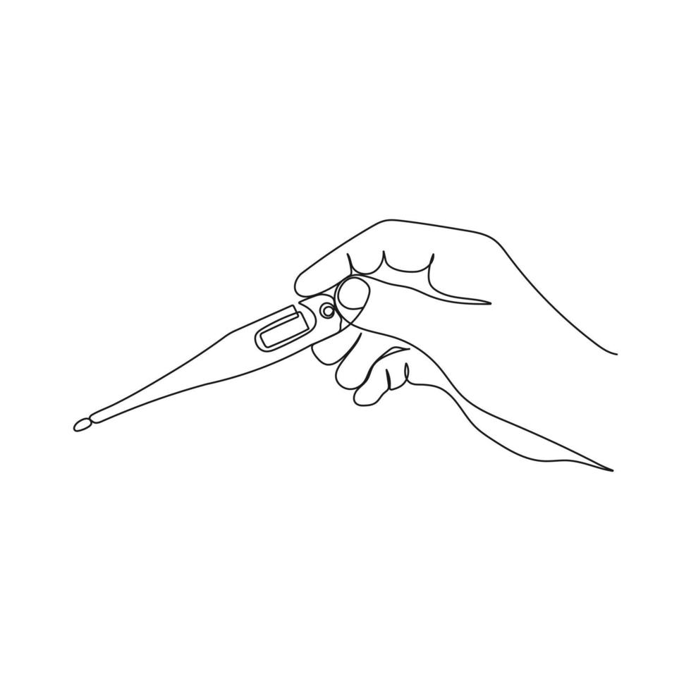 Hand holding thermometer. One line art. Hand drawn vector illustration.