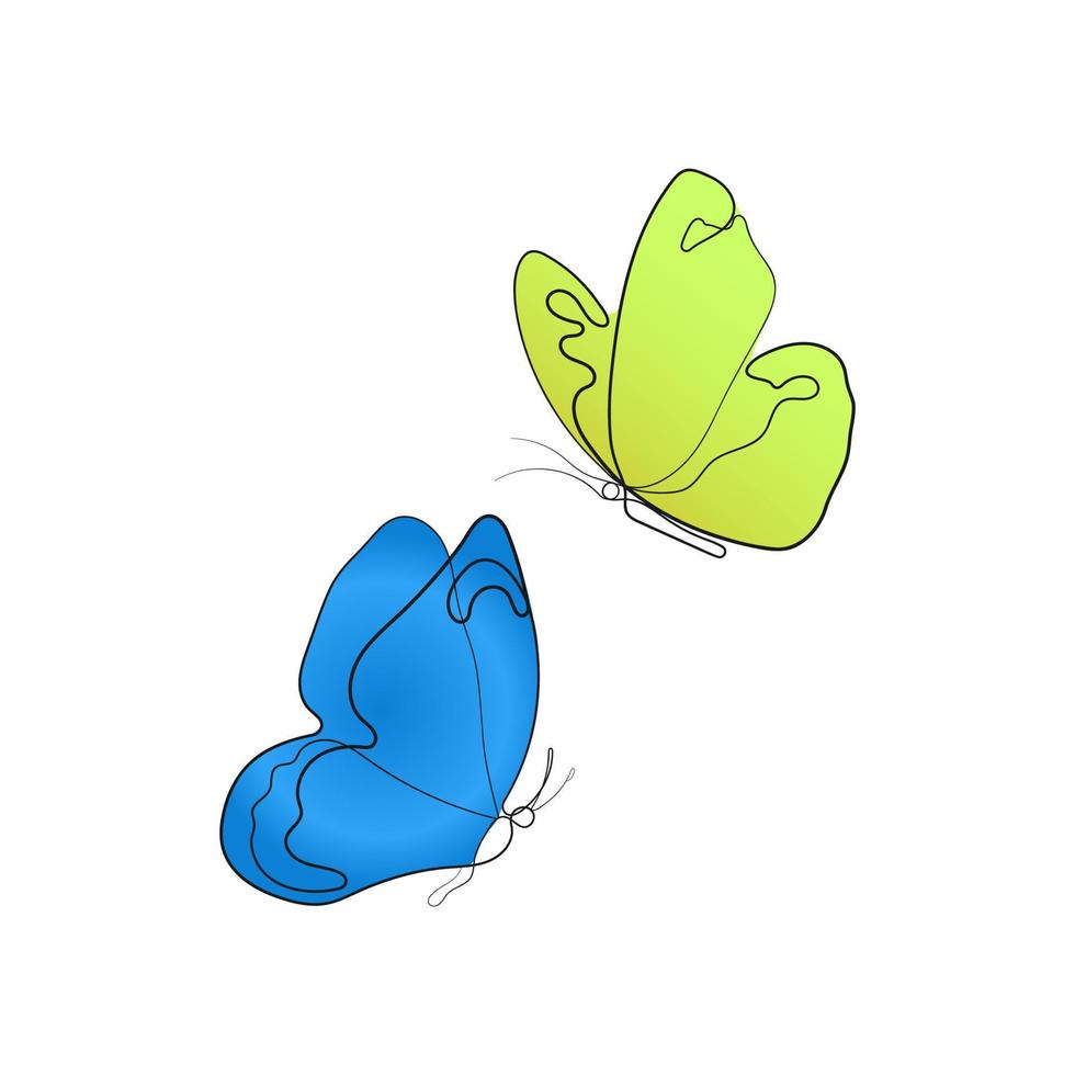 Butterfly in one continuous line drawing. Yellow and blue butterflies as symbol of freedom and piece. Hand drawn minimalism vector illustration.