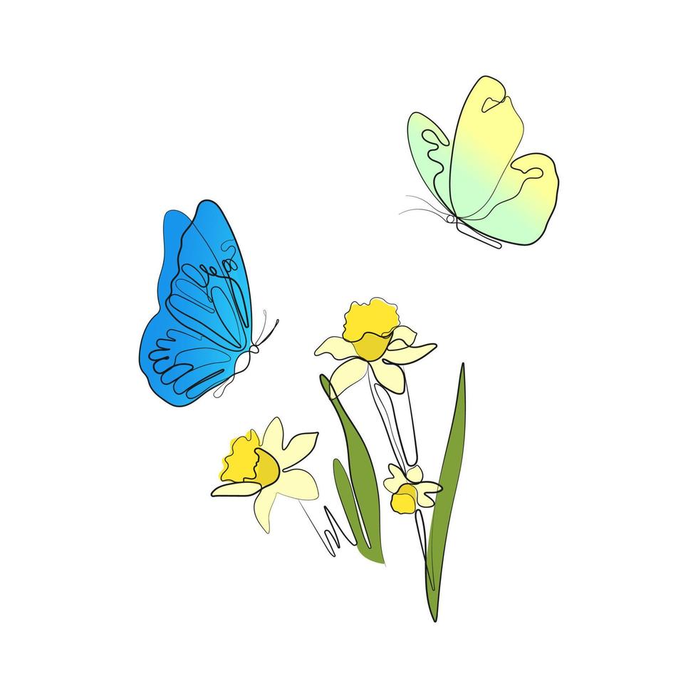 mariposa volador debajo narciso flores línea Arte dibujo. símbolo de primavera, Pascua de Resurrección. mano dibujado vector ilustración.