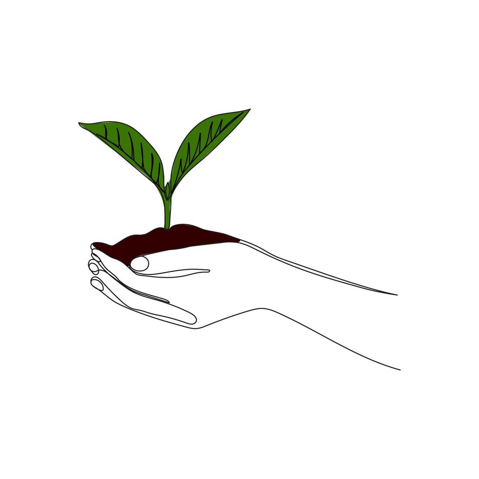 Growing plant in hand palms. Hands holding a sprout. One line art. Nature, ecology concept. Environment Earth Day. vector