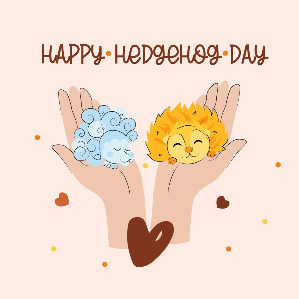 hands holding hedgehogd cloud and hedgehog sun.  Cute cartoon characters for children fabric. Vector illustration for National Pet Month, hedgehog day, print for textile.