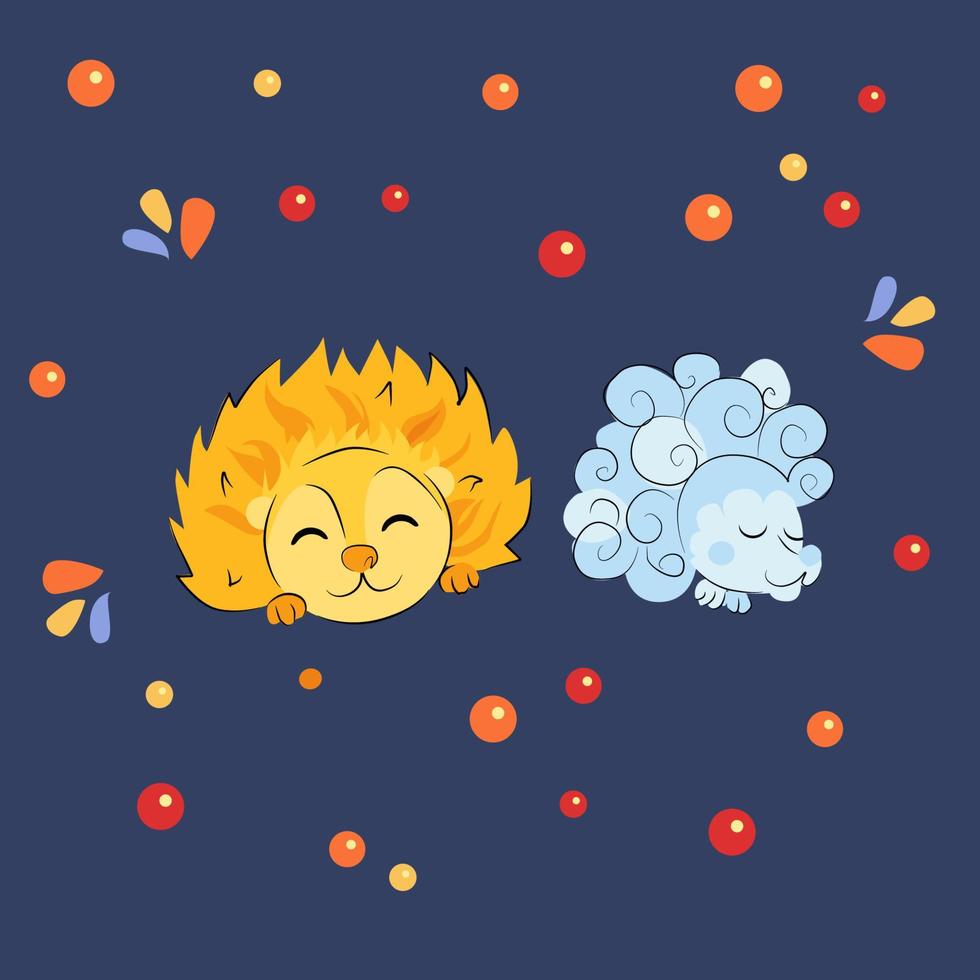 hedgehog cloud and hedgehog sun,  Cute cartoon characters for children fabric. Vector illustration for National Pet Month, hedgehog day, print for textile.