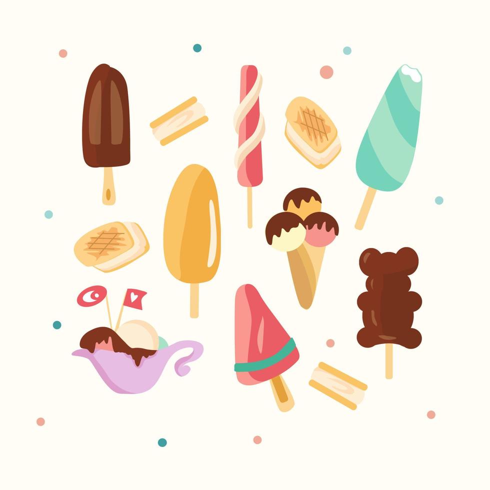 Ice cream set. Vector iillustration with different types of ice cream. Bright summer poster with sweets. A collection of cute elements for a summer party.