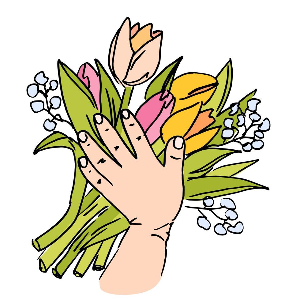 Children hand and tulip bouquet with gypsophila. Spring illustration for Happy Mothers day, Children day, Womans day. Vector illustration.