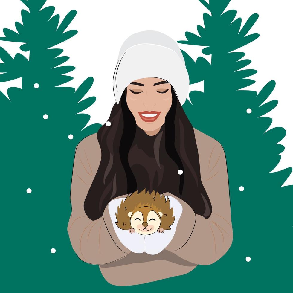 Smiling girl with a hedgehog in a snowy forest or park. Vector illustration for National Pet Month.