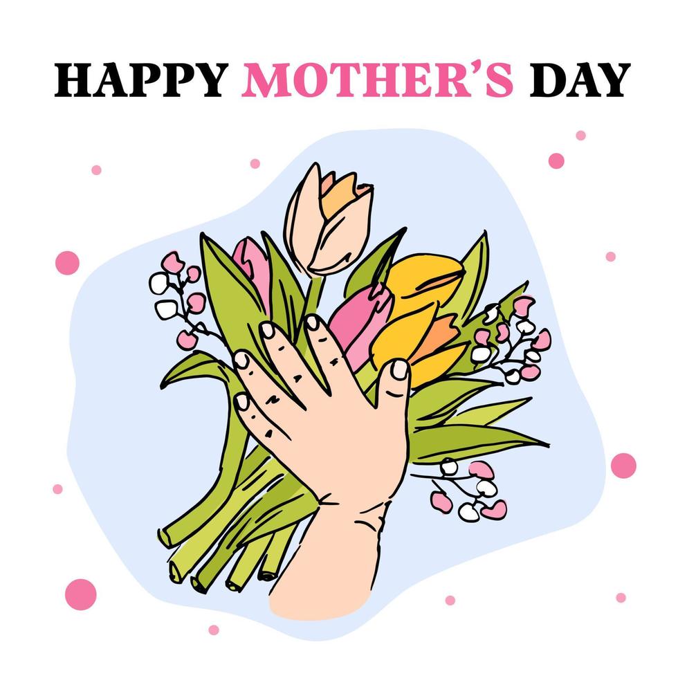 niños mano y tulipán ramo de flores con gipsófila. primavera ilustración para contento madres día, niños día, mujeres día. vector ilustración. puntos antecedentes.