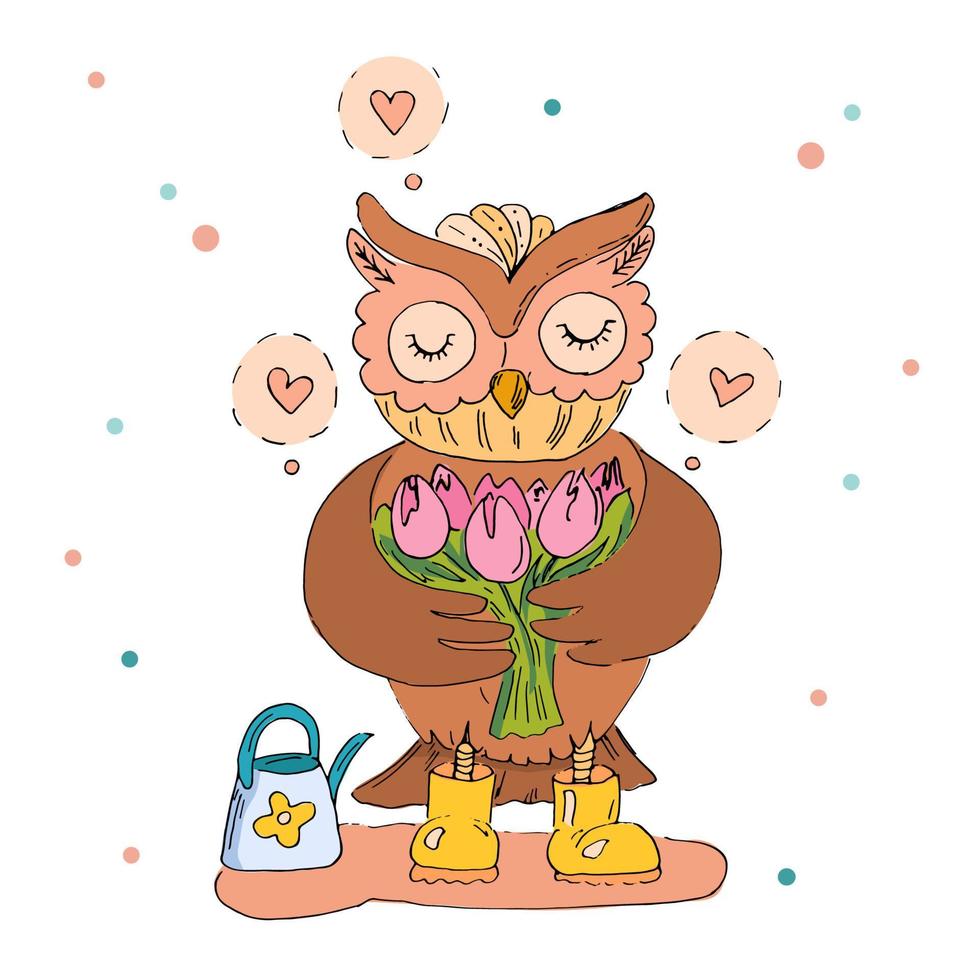 Cartoon owl in rubber boots with tulip bouquet and watering can. Greeting card for Mother's Day, Best Friend's Day, for Tulips day. Vector spring illustration.