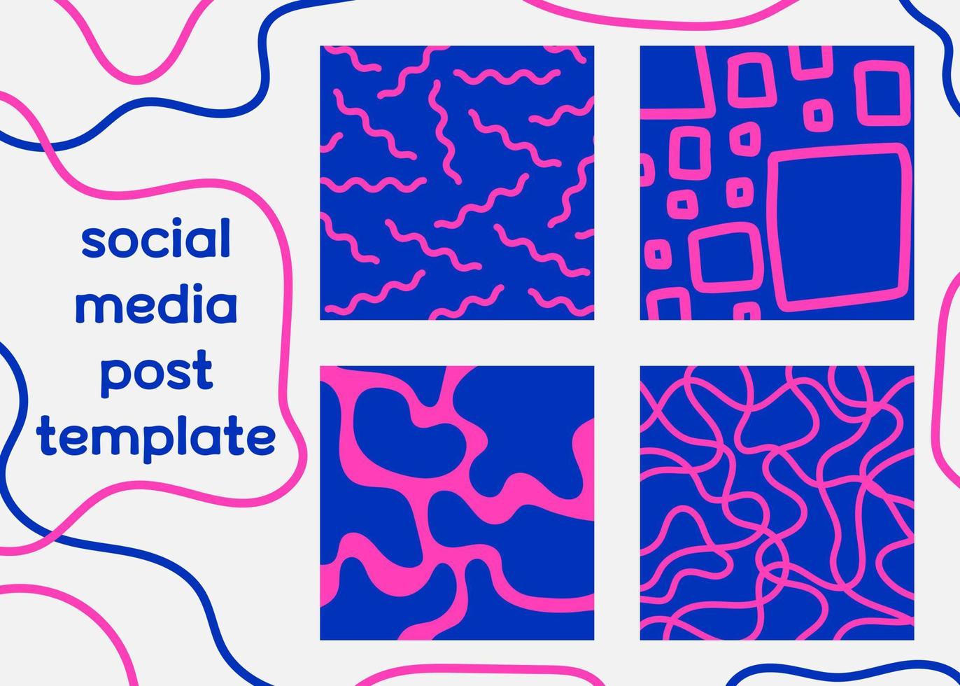 Set trendy square banner template in bright blue, pink color. Backdrop for social media post, mobile app, banner design, web ad. Abstract minimalist background with curve, lines, wave, memphis element vector