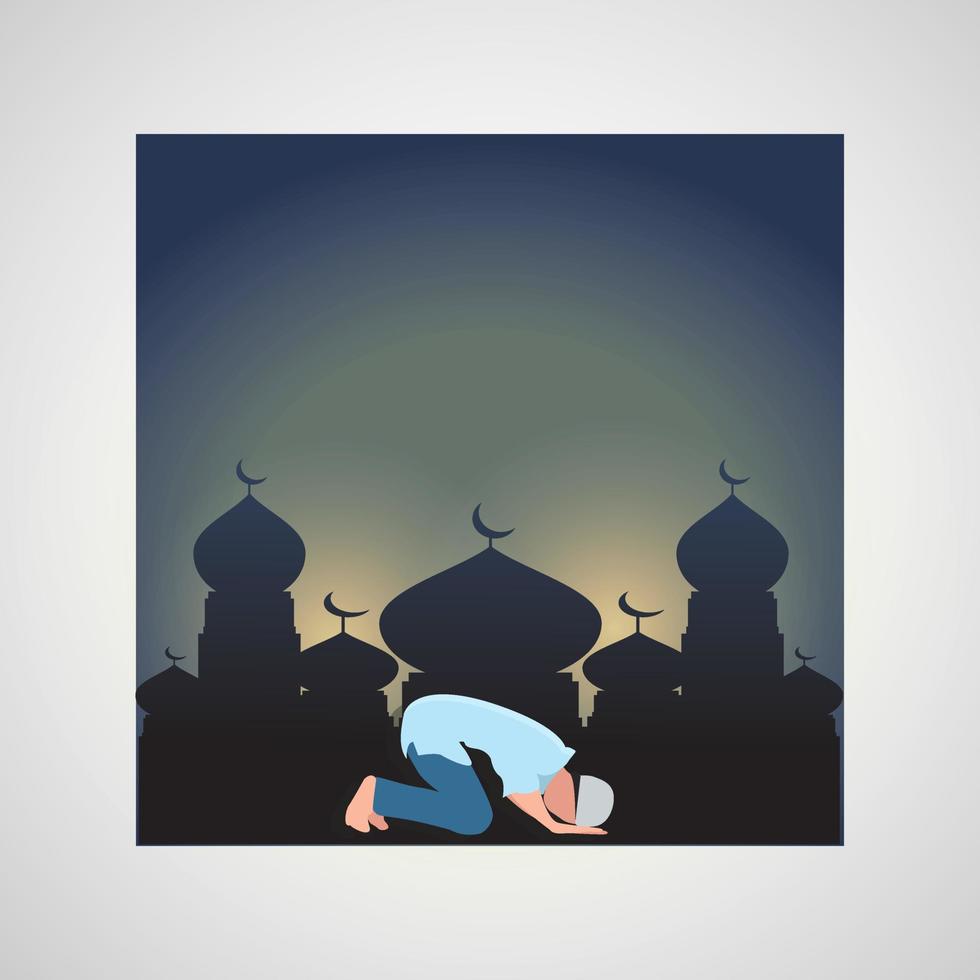 saludo tarjeta eid Mubarak con chico plano diseño personaje y mezquita vector