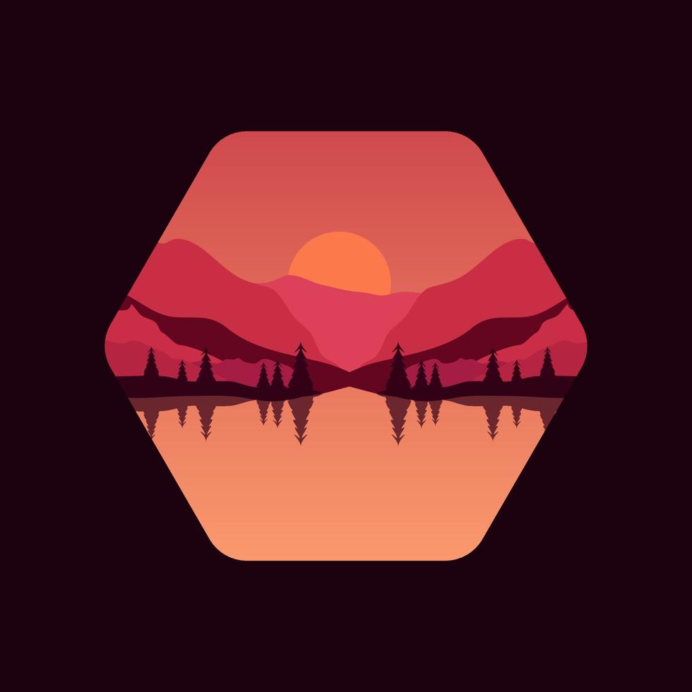 evening natural scenery vector illustration, lake trees, forest, sun, sunset, suitable card background image etc