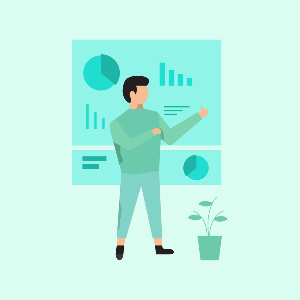 online business marketing illustration, with a scene of a man pointing at a chart.premium vector style business activiti