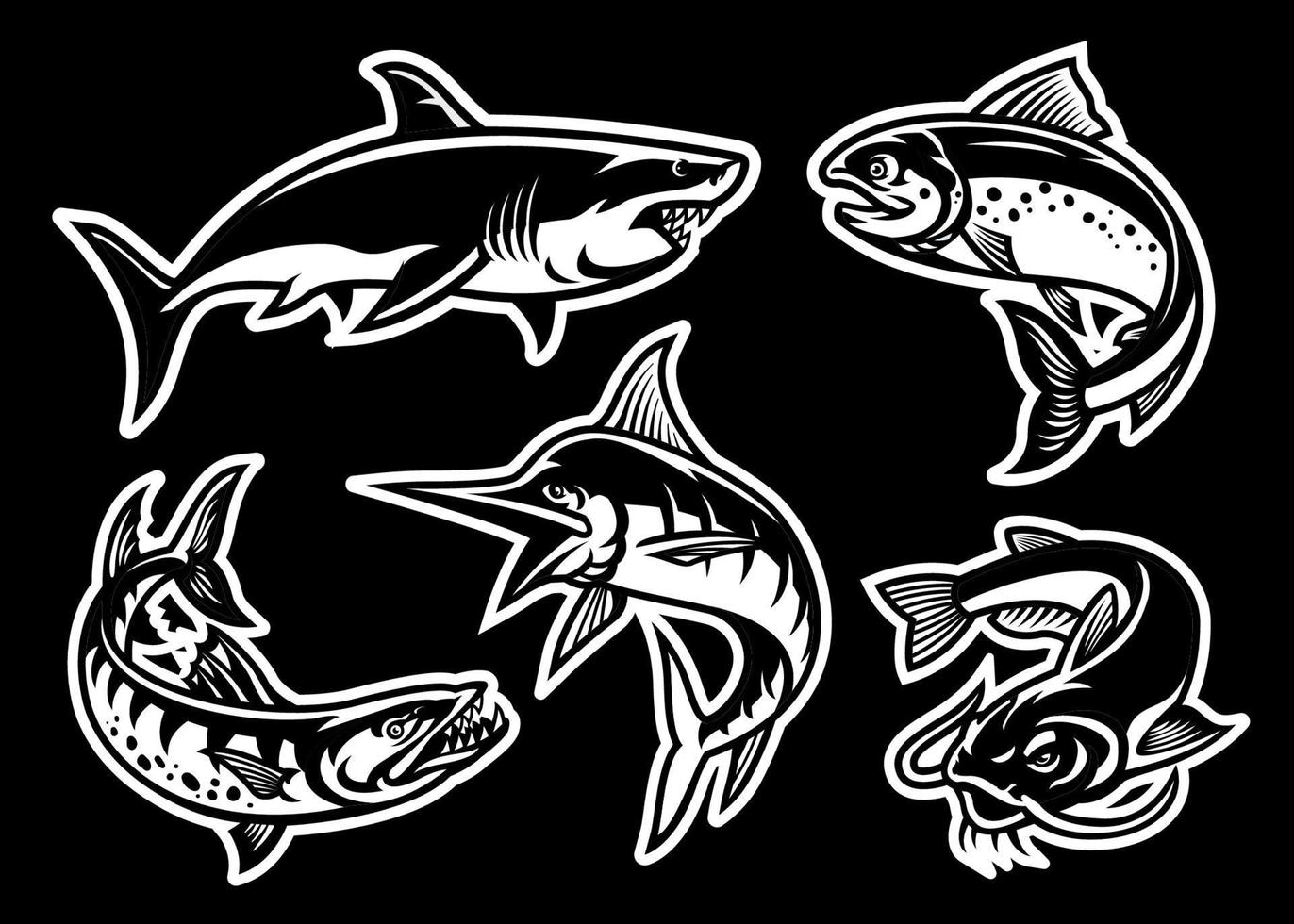 collection of fish in black and white vector