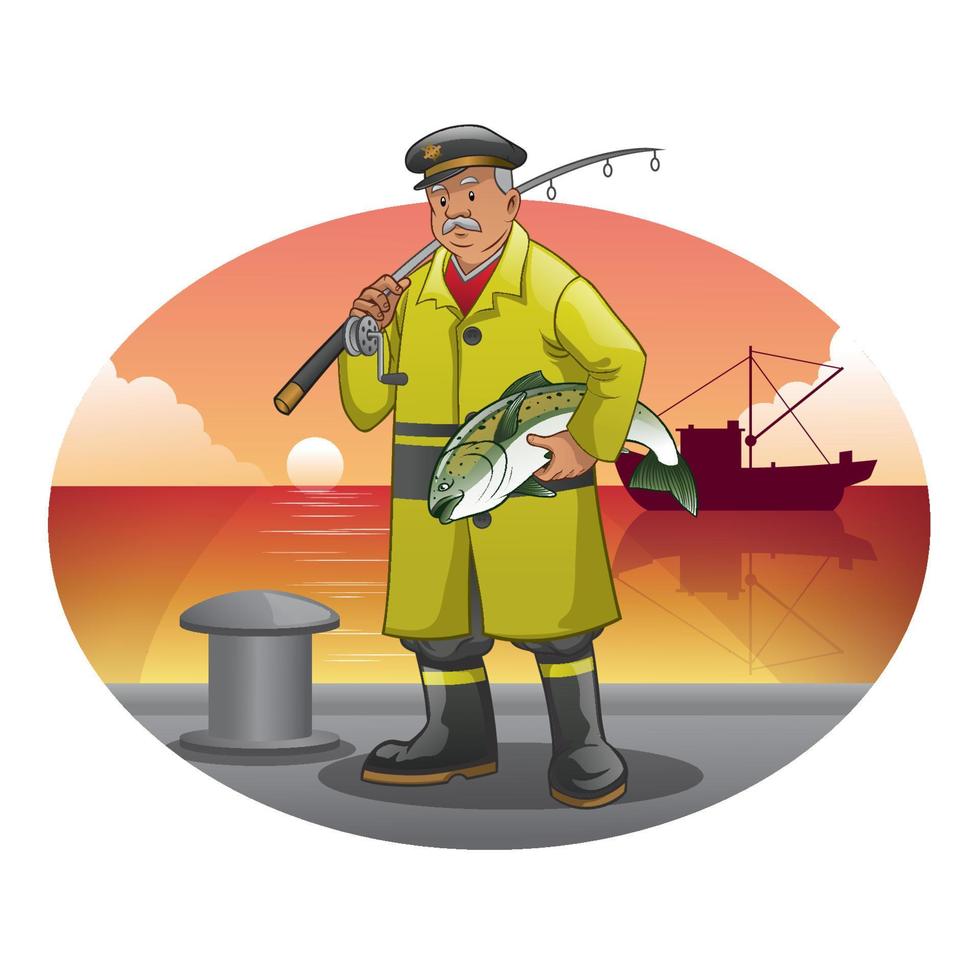 old fisherman cartoon with yellow jacket vector