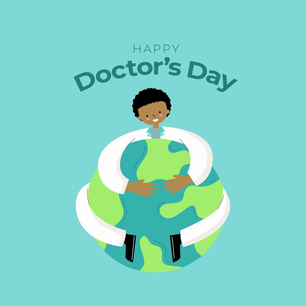 Happy Doctors Day. Black Skin Cartoon Cute Doctor Hug a Globe vector