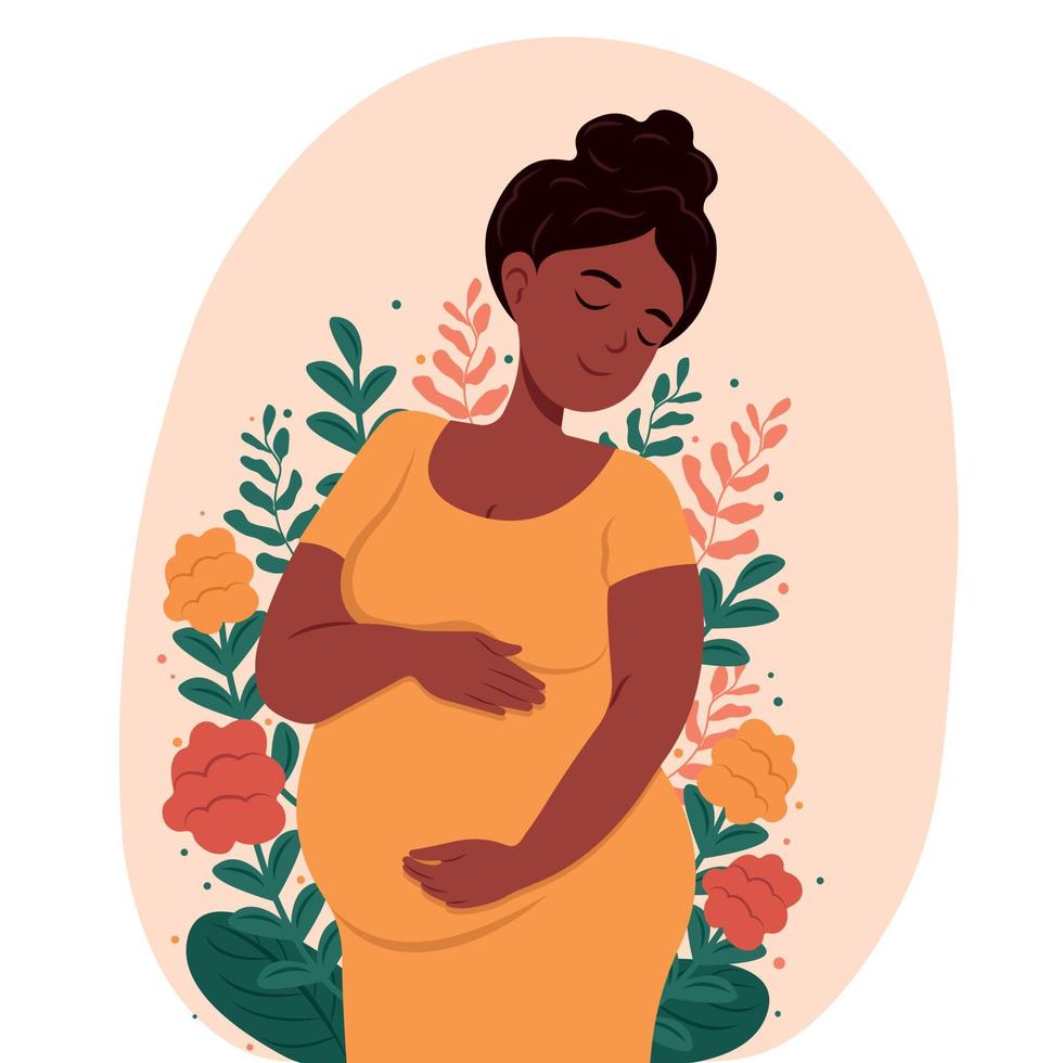 Healthy pregnancy. Beautiful pregnant black woman hugs her belly. The concept of pregnancy and motherhood. Healthy pregnancy. Vector flat illustration.