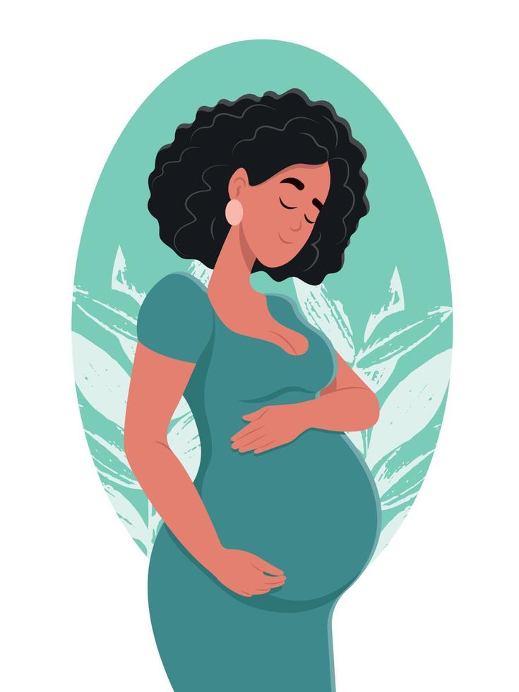 Healthy pregnancy. Beautiful pregnant  woman hugs her belly. The concept of pregnancy and motherhood. Healthy pregnancy. Vector flat illustration.