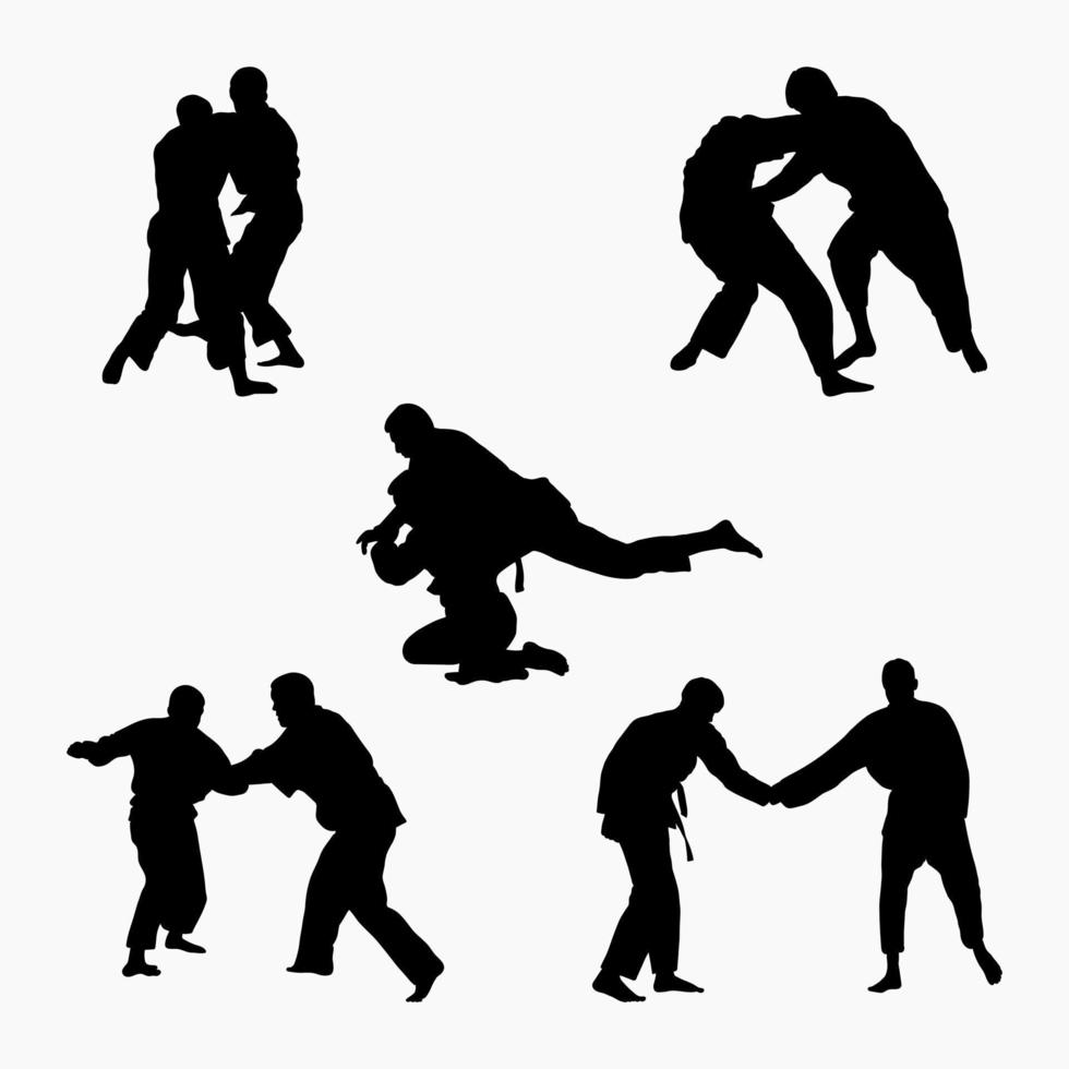 Silhouettes judoist, judoka, fighter in a duel, fight, judo sport. Martial art. Sportsmanship. Sport silhouettes pack vector