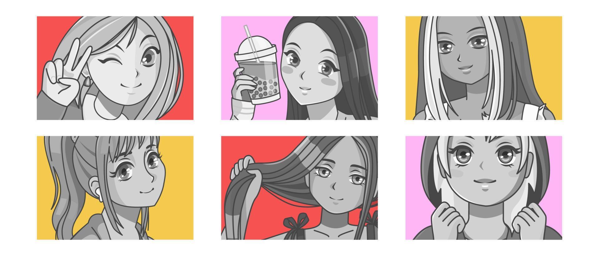 conjunto de muchachas retratos en manga estilo. japonés dibujos animados cómic concepto. vector