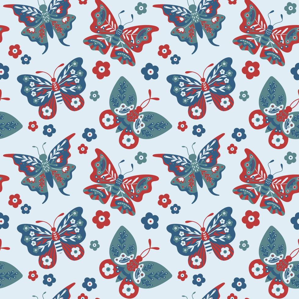Seamless vector folk art pattern with moths, butterfly and flowers